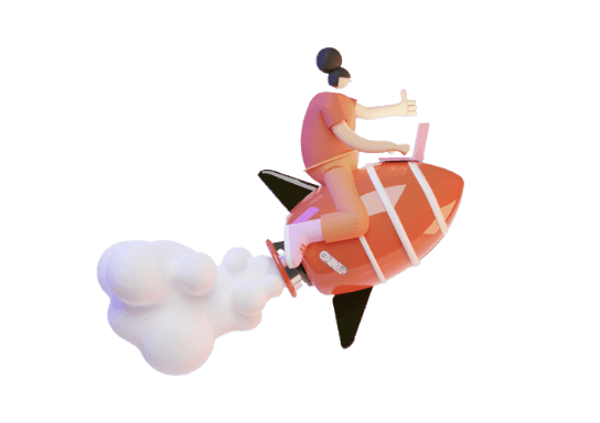 Ein Mann auf einer Rakete auf schwarzem Hintergrund.