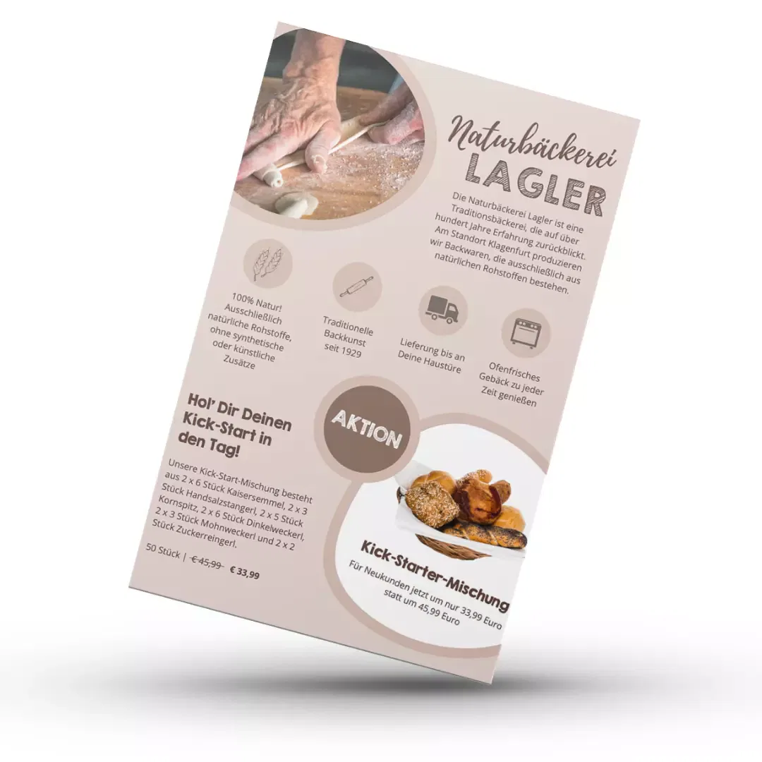 Ein Flyer der Naturbäckerei Lagler mit Bäckereibild.