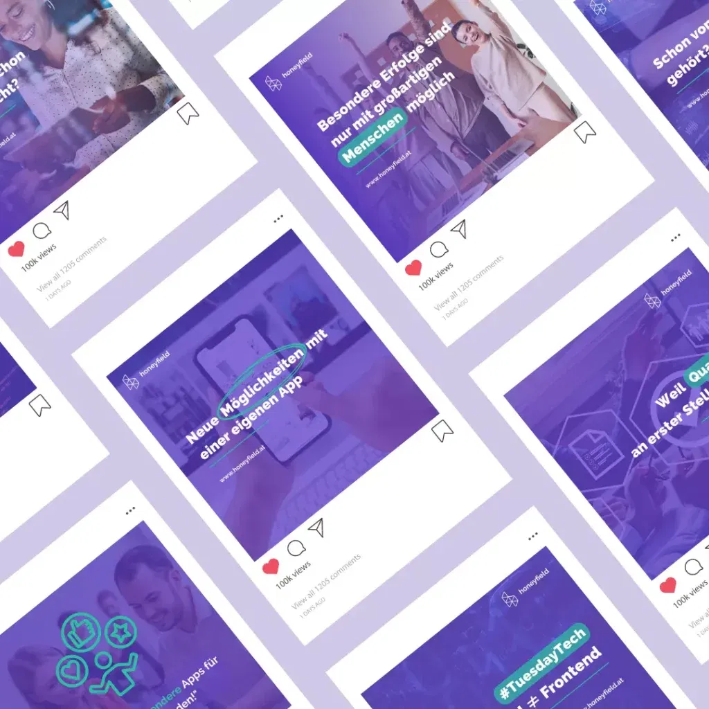 Eine Reihe von Honeyfield-Social-Media-Seiten mit verschiedenen Bildern.