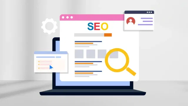 Abbildung eines Laptops, auf dem eine Webseite zum Thema SEO mit den Symbolen einer Lupe, eines Profils und eines Einstellungsrads angezeigt wird, die von SEO-Experten behandelte Konzepte zur Suchmaschinenoptimierung darstellen.
