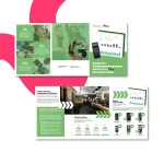 Eine Broschüre, die die Marke GastroPay präsentiert, mit Diagrammen, einem Kartenleser und Fotos von Personen. Zu den Highlights zählen Funktionen und Zahlungsterminals vor einem grün-weißen Hintergrund in einer modernen Küche.
