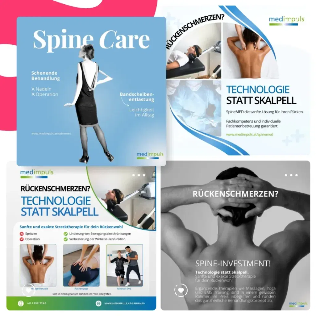 Eine Collage aus Werbebildern präsentiert die SpineMED-Technologie als innovative Alternative zur Operation. Entdecken Sie effektive Linderung und Behandlung von Rückenschmerzen mit einem Hauch von Performance-Marketing.