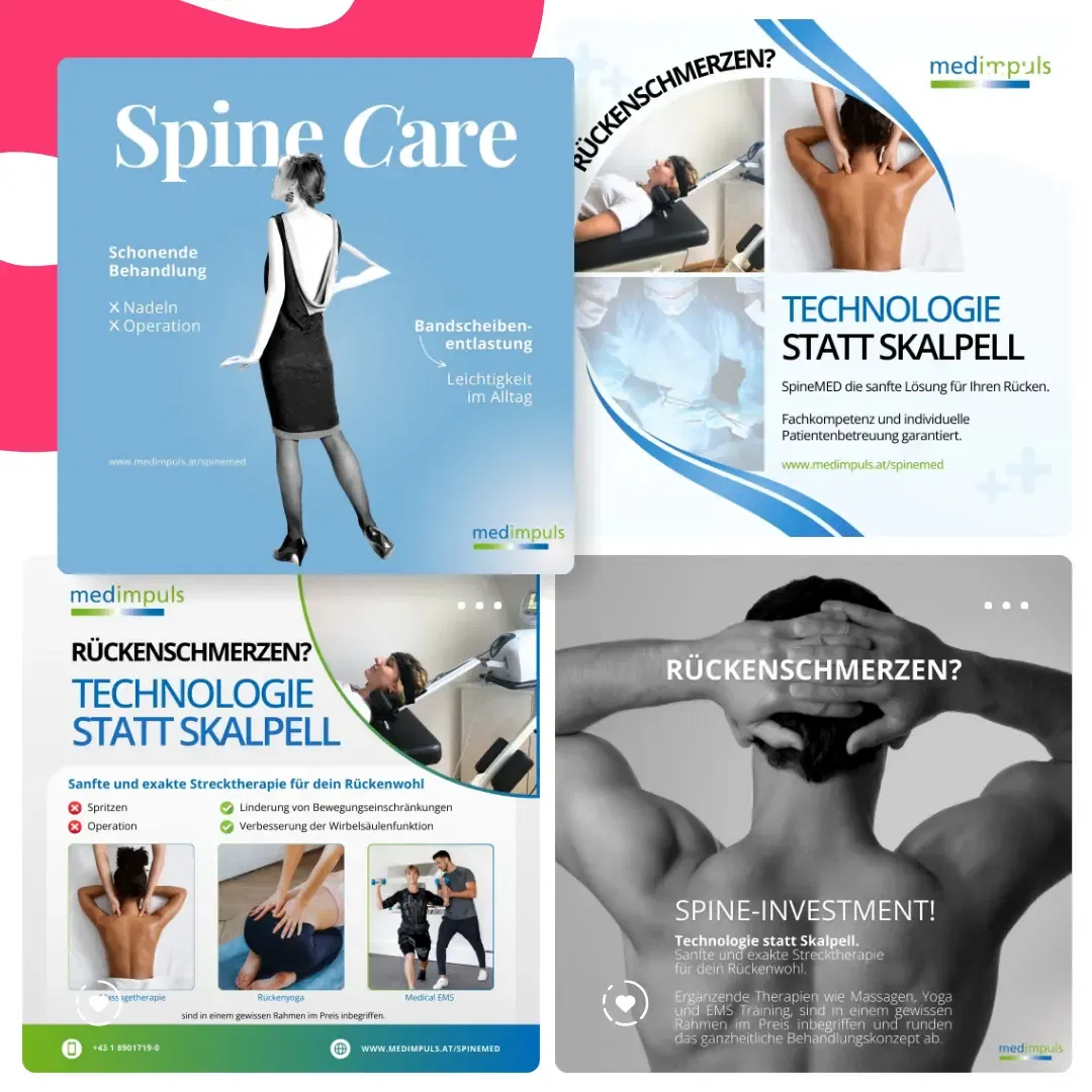 Eine Collage aus Werbebildern präsentiert die SpineMED-Technologie als innovative Alternative zur Operation. Entdecken Sie effektive Linderung und Behandlung von Rückenschmerzen mit einem Hauch von Performance-Marketing.