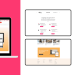 Geteilter Bildschirm, der das Design von Website 2 auf einem Laptop präsentiert. Die linke Seite ist mit einem rosa Hintergrund versehen, während die rechte Seite, inspiriert von Personalwolke, strukturierte Website-Abschnitte mit Text und Bildern zeigt.