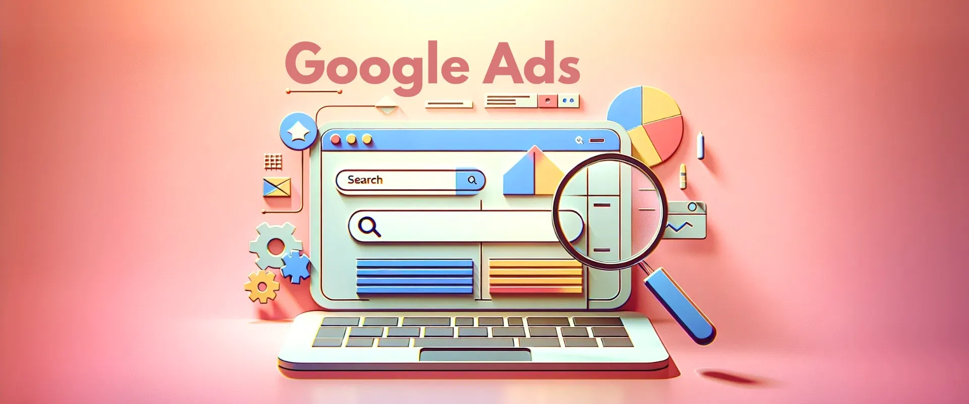Abbildung eines Laptops mit einer Google Ads-Oberfläche mit Suchleisten, Diagrammen und einer Lupe, die die Arbeit einer Marketingagentur in den Bereichen Online-Werbung und Datenanalyse symbolisiert.
