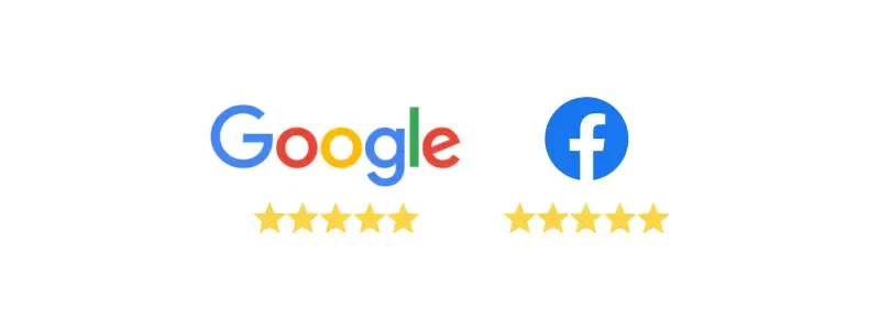 Über jeweils fünf gelben Sternen werden Google- und Facebook-Logos angezeigt, die eine Fünf-Sterne-Bewertung für beide Dienste widerspiegeln – perfekt, um Ihr Marketing-Abo zu präsentieren oder den Erfolg mit Einfachmarketing hervorzuheben.