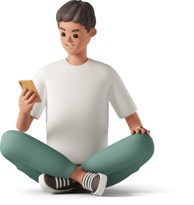 3D-Illustration einer Person, die mit gekreuzten Beinen auf dem Boden sitzt, ein weißes Hemd und eine grüne Hose trägt und auf ein Smartphone in ihrer rechten Hand blickt.