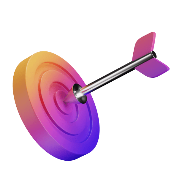 Ein metallischer Pfeil ist in der Mitte eines farbenfrohen, kreisförmigen Ziels mit Farbverlauf in Rosa-, Orange- und Lilatönen eingebettet.