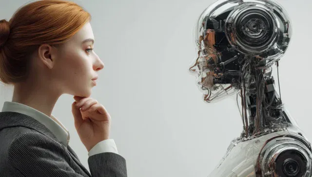 Eine Frau in Geschäftskleidung steht einem metallischen humanoiden Roboter gegenüber und studiert ihn. Beide sind im Profil vor einem neutralen Hintergrund zu sehen und symbolisieren die Zusammenarbeit zwischen Menschen und innovativer SEO-KI in der heutigen digitalen Landschaft.