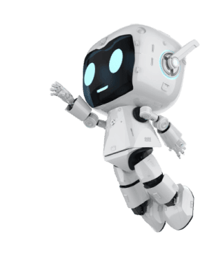 Ein weißer humanoider Roboter mit blau leuchtenden Augen und Gelenken schwebt oder springt mit einem erhobenen Arm.