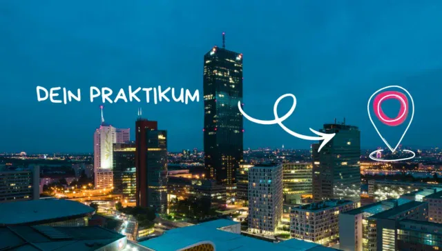 Nächtliche Stadtlandschaft mit beleuchteten Wolkenkratzern; weißer Text mit der Aufschrift 