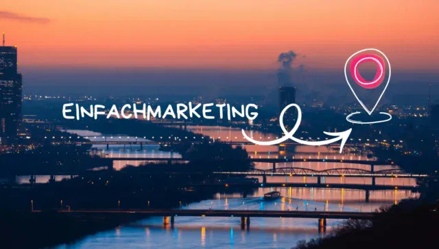 Stadtsilhouette bei Sonnenuntergang mit Fluss und Brücken; der Text 