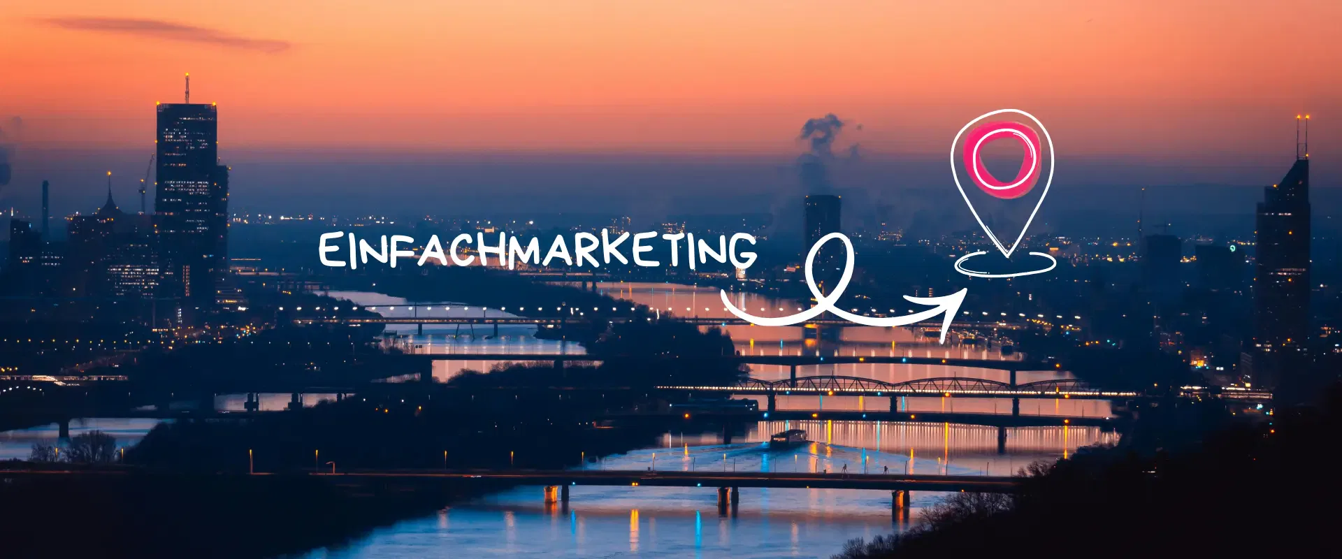Stadtsilhouette bei Sonnenuntergang mit Fluss und Brücken; der Text 