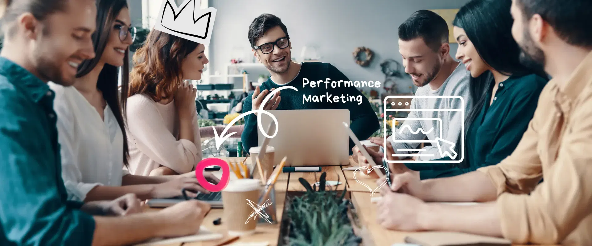 Sechs Personen sitzen um einen Tisch in einem Büro und diskutieren, wobei digitale Illustrationen und die Worte 