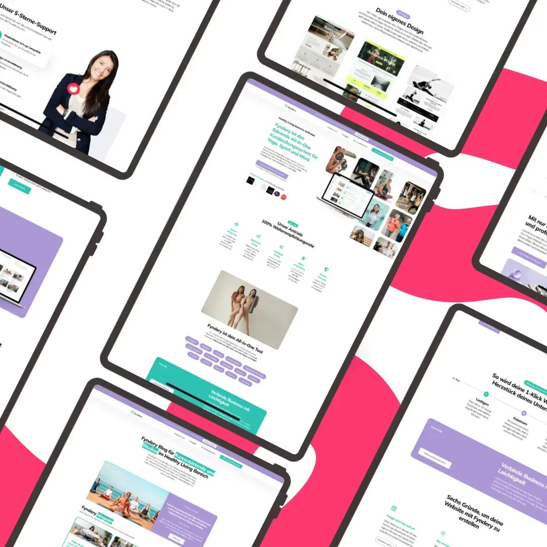 Mehrere digitale Tablets zeigen verschiedene Homepages, darunter eine Fallstudie von Fyndery, mit klaren, modernen Layouts, die diagonal über einem abstrakten rosa-weißen Hintergrund angeordnet sind.