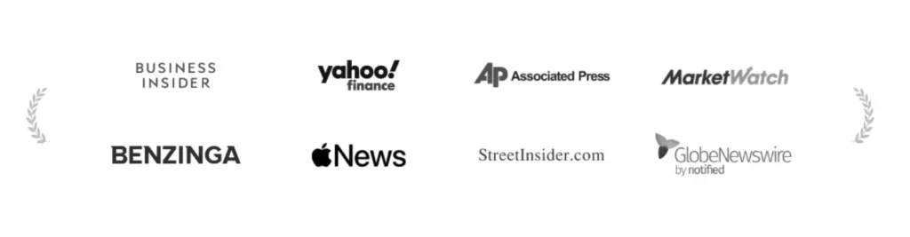 Die Logos der Medienunternehmen - Business Insider, Yahoo! Finance, Associated Press, MarketWatch, Benzinga, Apple News, StreetInsider.com und GlobeNewswire - werden in zwei Reihen angezeigt, wie von Einfachmarketing dargestellt.