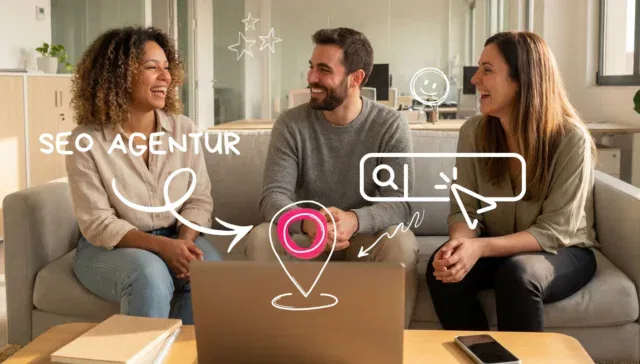 Drei Personen sitzen lächelnd auf einer Couch und unterhalten sich in einem Büro, überlagert von einer digitalen Grafik mit SEO Agentur-Symbolen und dem Text 