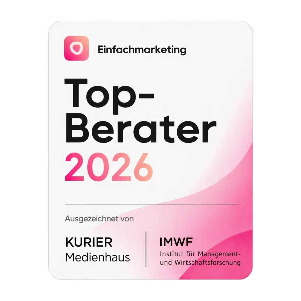 Eine Plakette mit dem Einfachmarketing-Logo und dem 