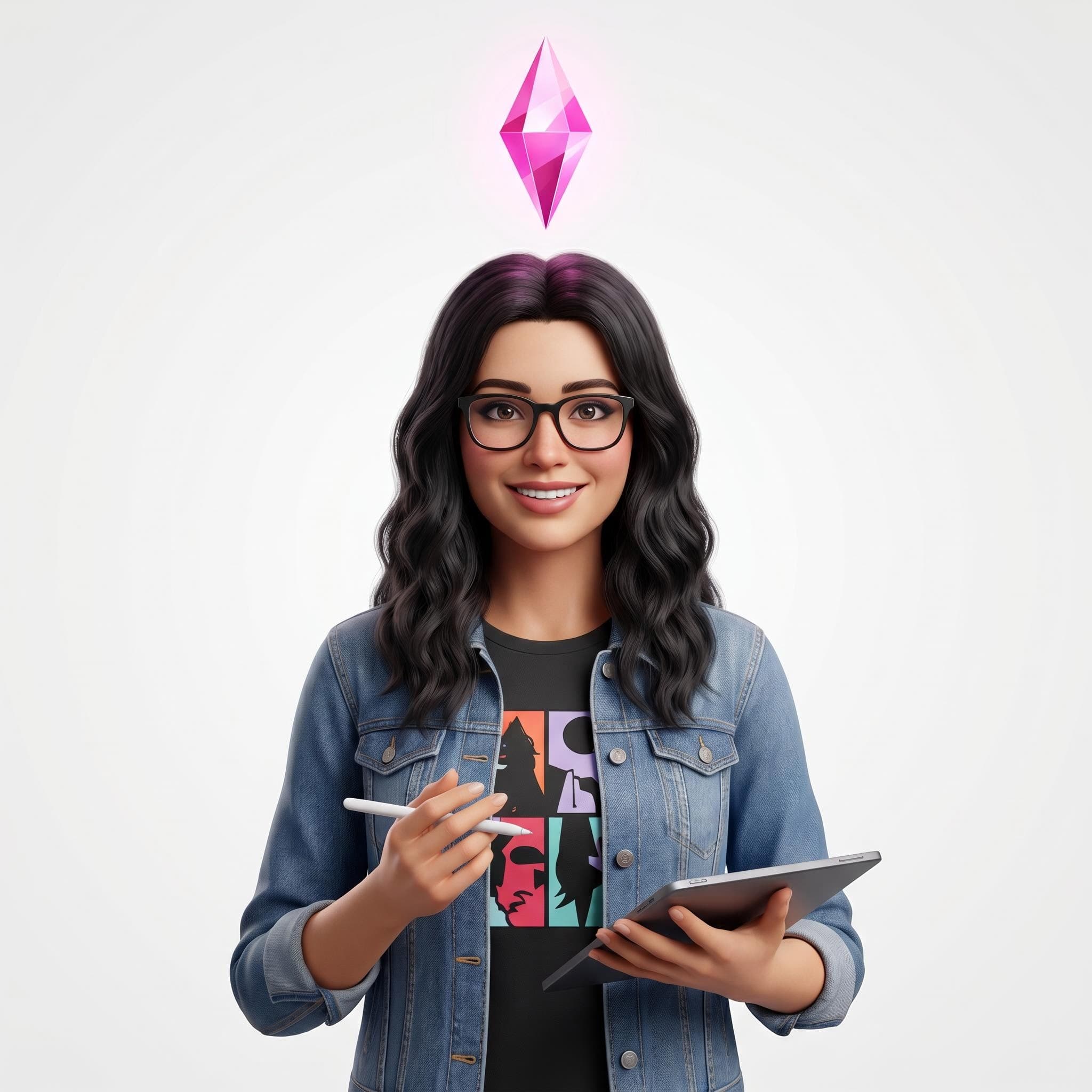 Eine lächelnde Frau mit Brille hält einen Stift und ein Tablet in der Hand. Sie trägt eine Jeansjacke und ein grafisches T-Shirt, und über ihrem Kopf schwebt ein rosa Diamant.