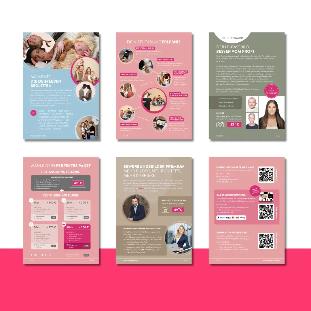 Sechs Brischpre-Werbeflyer mit Text, Bildern von Personen und QR-Codes werden in zwei Reihen auf weißem und rosa Hintergrund angezeigt. Die von Studioline gestalteten Flyer sind in Rosa-, Grau- und Beigetönen gehalten.