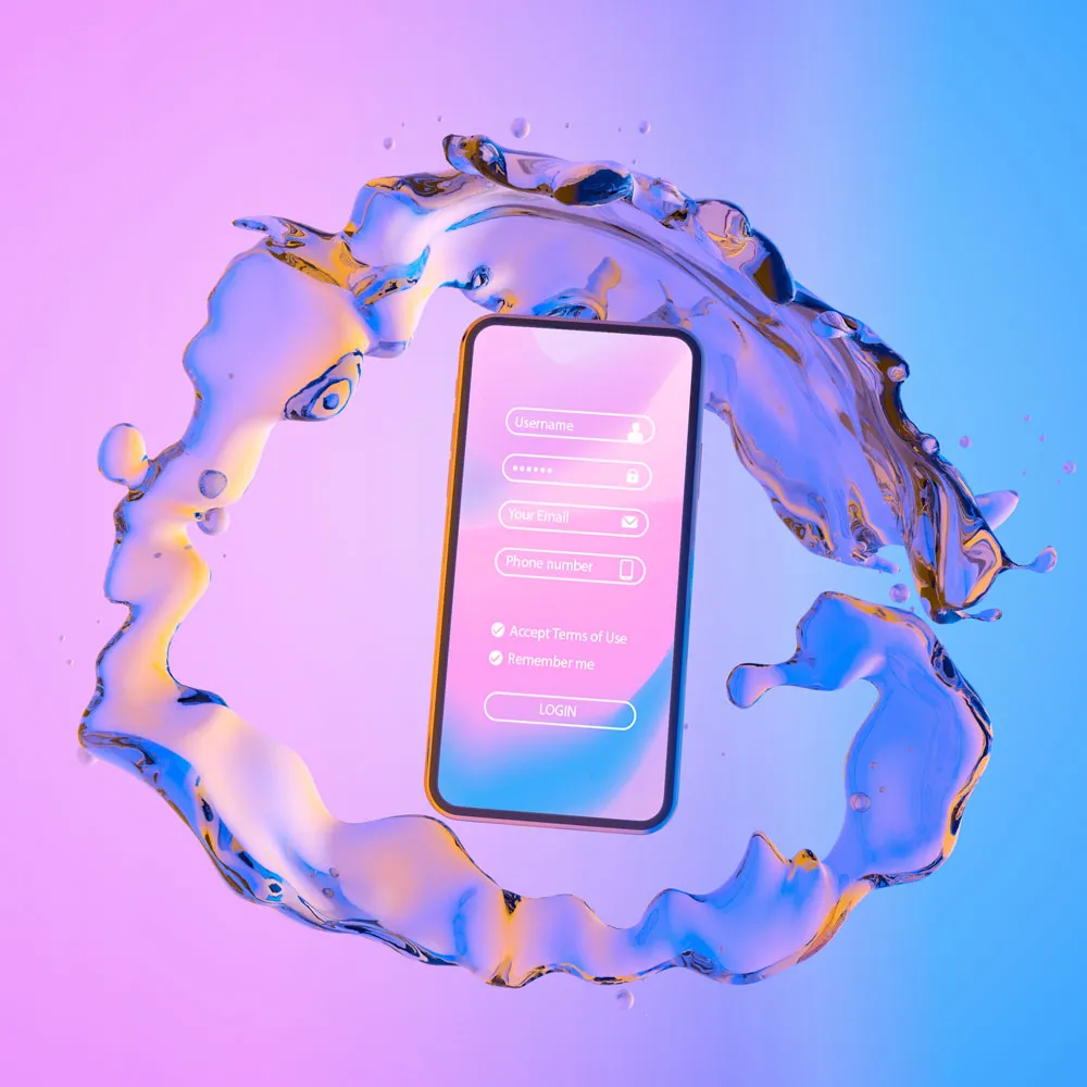 Eine benutzerdefinierte App ermöglicht es einem Smartphone, in einem bunten Wasserspritzer zu schweben.