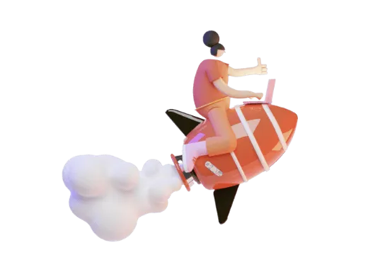 Ein Mann auf einer Rakete auf schwarzem Hintergrund.