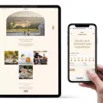 Eine Person mit einem iPhone und einem Tablet präsentiert die Website der Taste of Schönbrunn Booking Platform.
