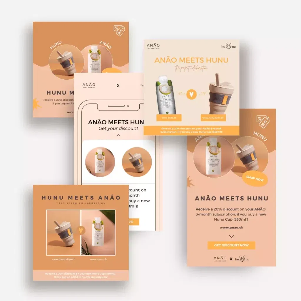 Eine Reihe von ANÃO-Creatives für eine mobile Werbekampagne für gesunde Getränke.