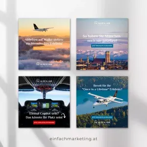 Eine Sammlung von Social-Media-Ads mit Flugzeugen vor einem bergigen Hintergrund von Einfachmarketing für Alpen Air.