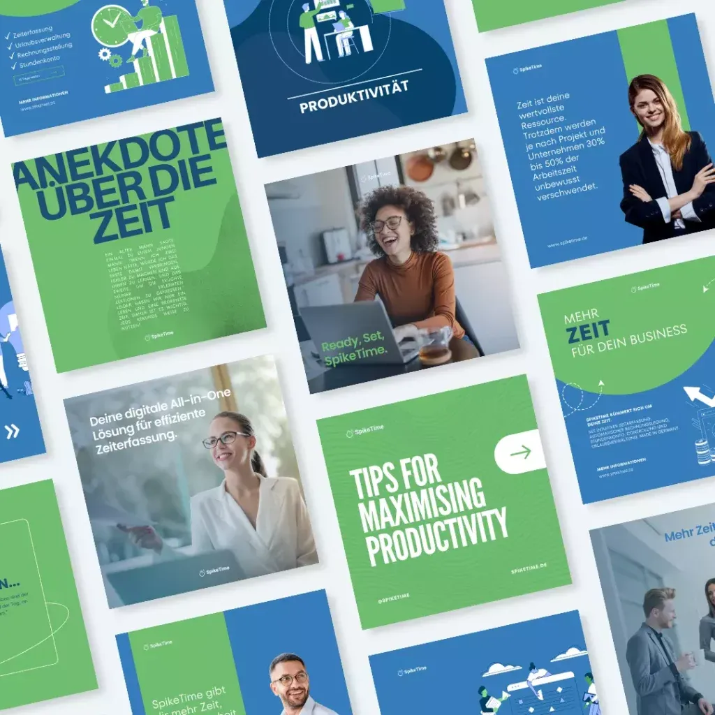 Eine Reihe von Social Media Posts für das Rebranding von SpikeTime.