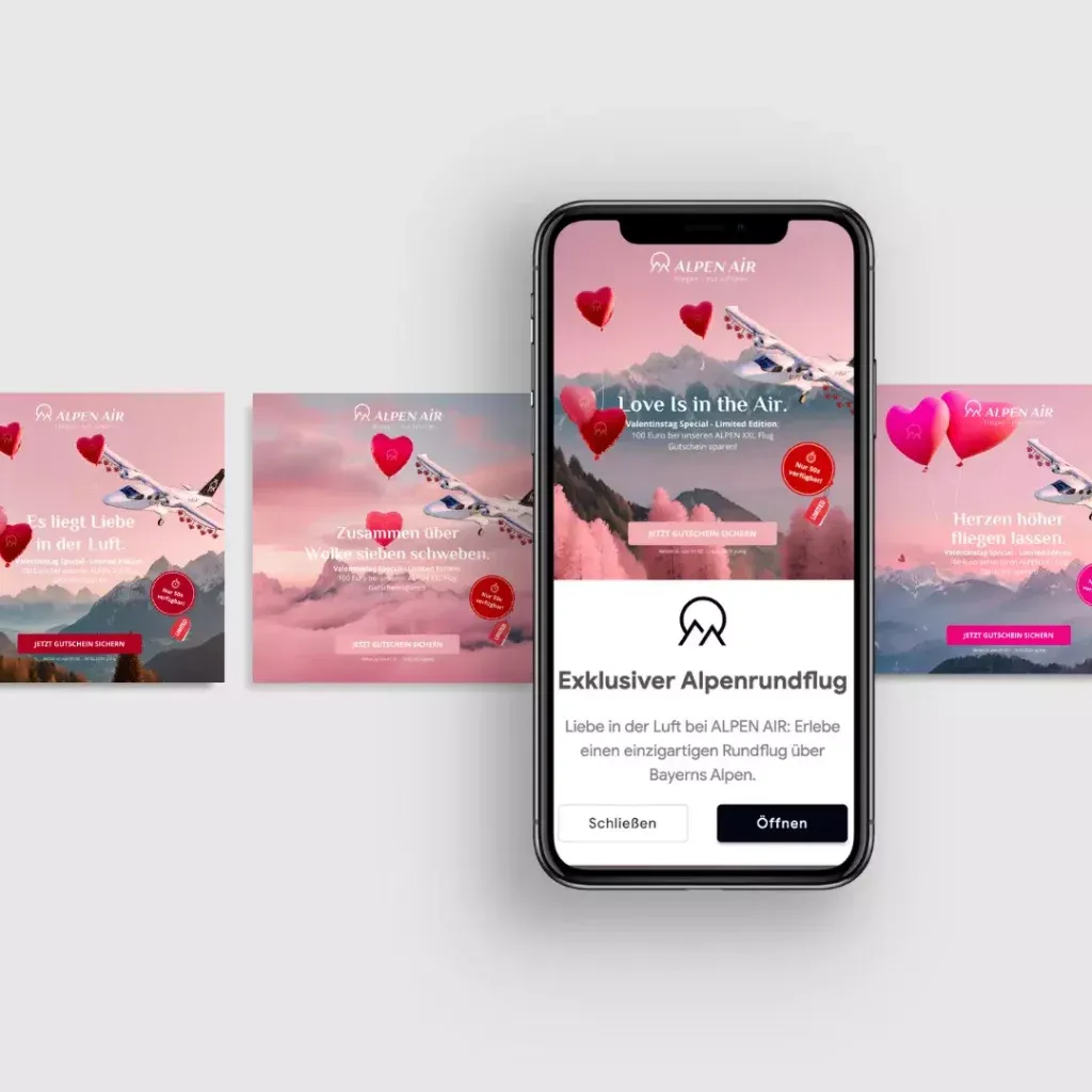 Eine Valentinstag-Landingpage mit rosa Hintergrund für AlpenAir-Kunden, die über Google Display angesprochen werden.