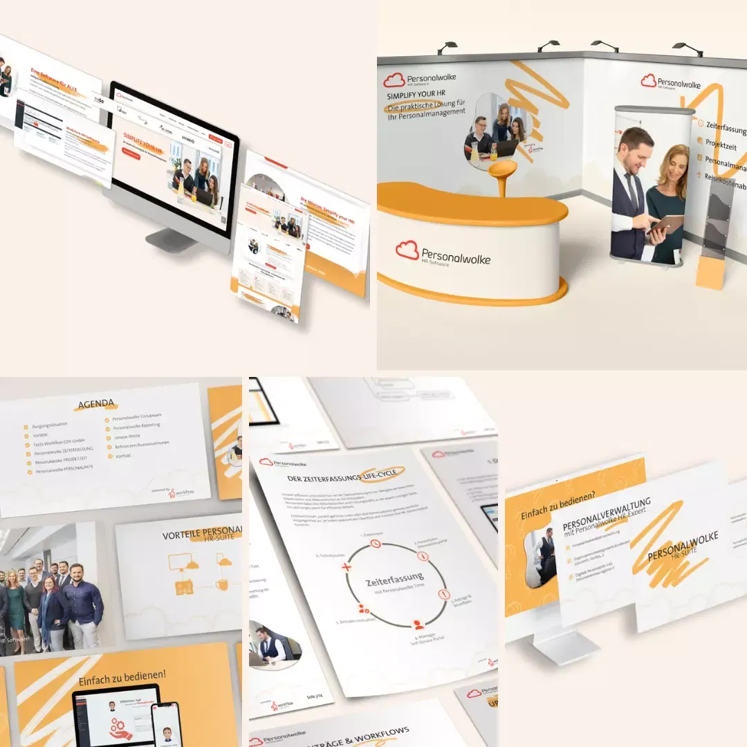 Eine Sammlung von Markenmarketingmaterialien, einschließlich Website-Design, Messestand und Druckmaterialien, wird automatisch aktualisiert.