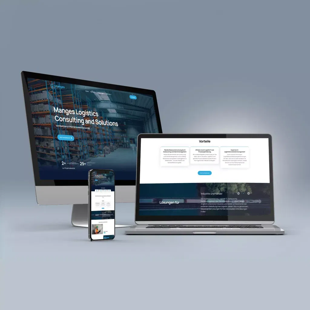 Ein digitales Modell mit einem Desktop, einem Laptop und einem Smartphone, die alle auf ihren Website-Bildschirmen Webseiten zu Logistikberatung und -lösungen anzeigen.