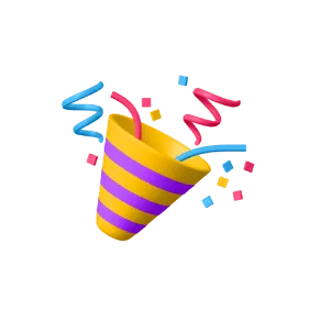 Ein gelb und lila gestreifter Partyknaller, aus dem blaue und rote Luftschlangen und Konfetti herausschießen.