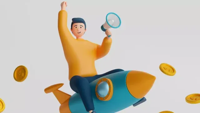 Animierte Figur, die auf einer Rakete reitet und eine Lupe hält, umgeben von schwebenden Münzen, auf einem schlichten Hintergrund, der von einer Werbeagentur entworfen wurde.