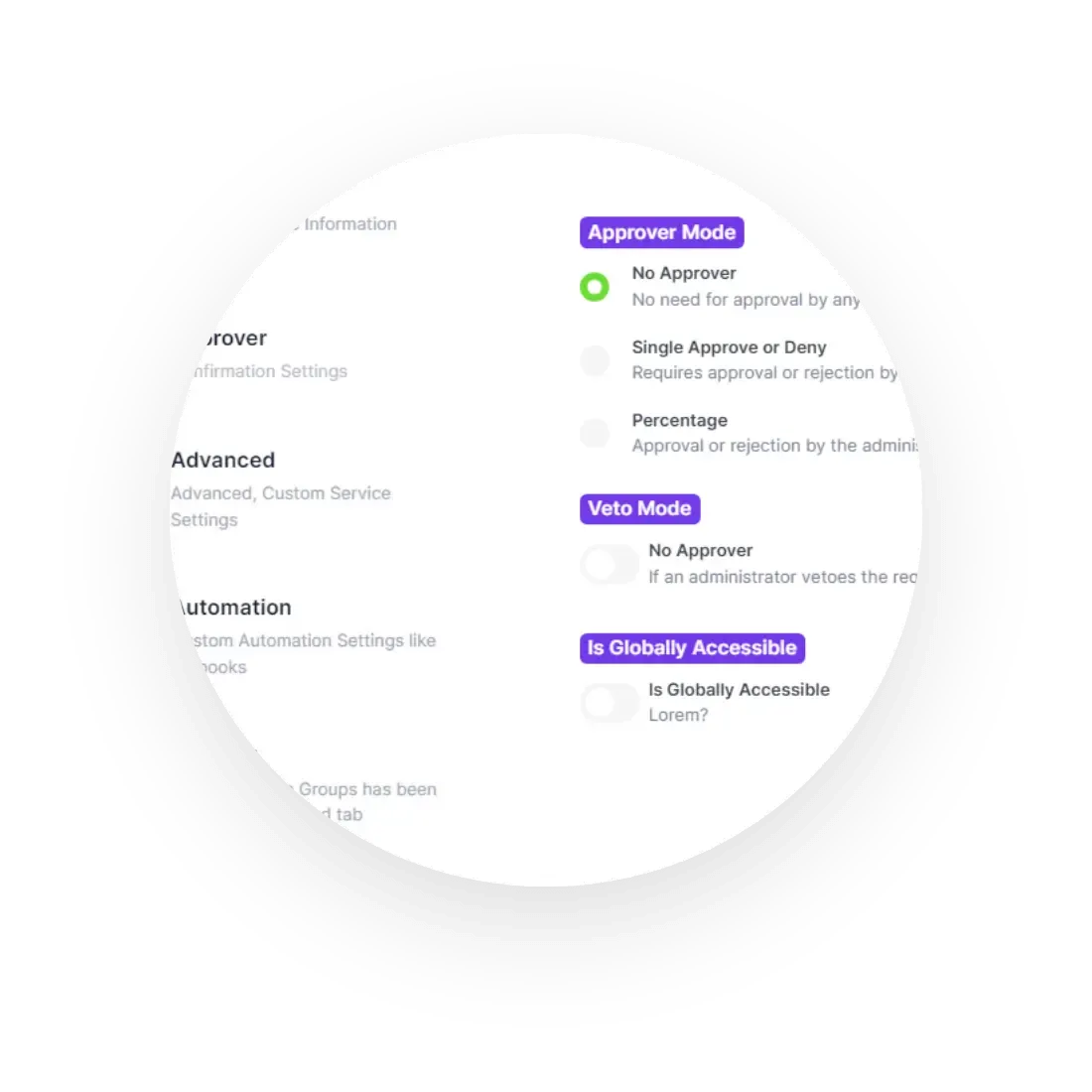 Ein kreisförmiges Bild, das eine Einstellungsoberfläche mit Optionen für „Genehmigermodus“, „Vetomodus“ und „Ist global zugänglich“ zeigt. Neben jeder Option werden wählbare Einstellungen angezeigt.