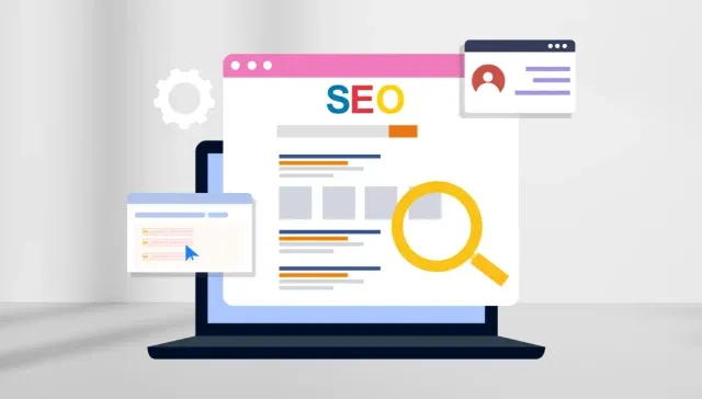 Abbildung eines Laptops, auf dem eine Webseite zum Thema SEO mit den Symbolen einer Lupe, eines Profils und eines Einstellungsrads angezeigt wird, die von SEO-Experten behandelte Konzepte zur Suchmaschinenoptimierung darstellen.