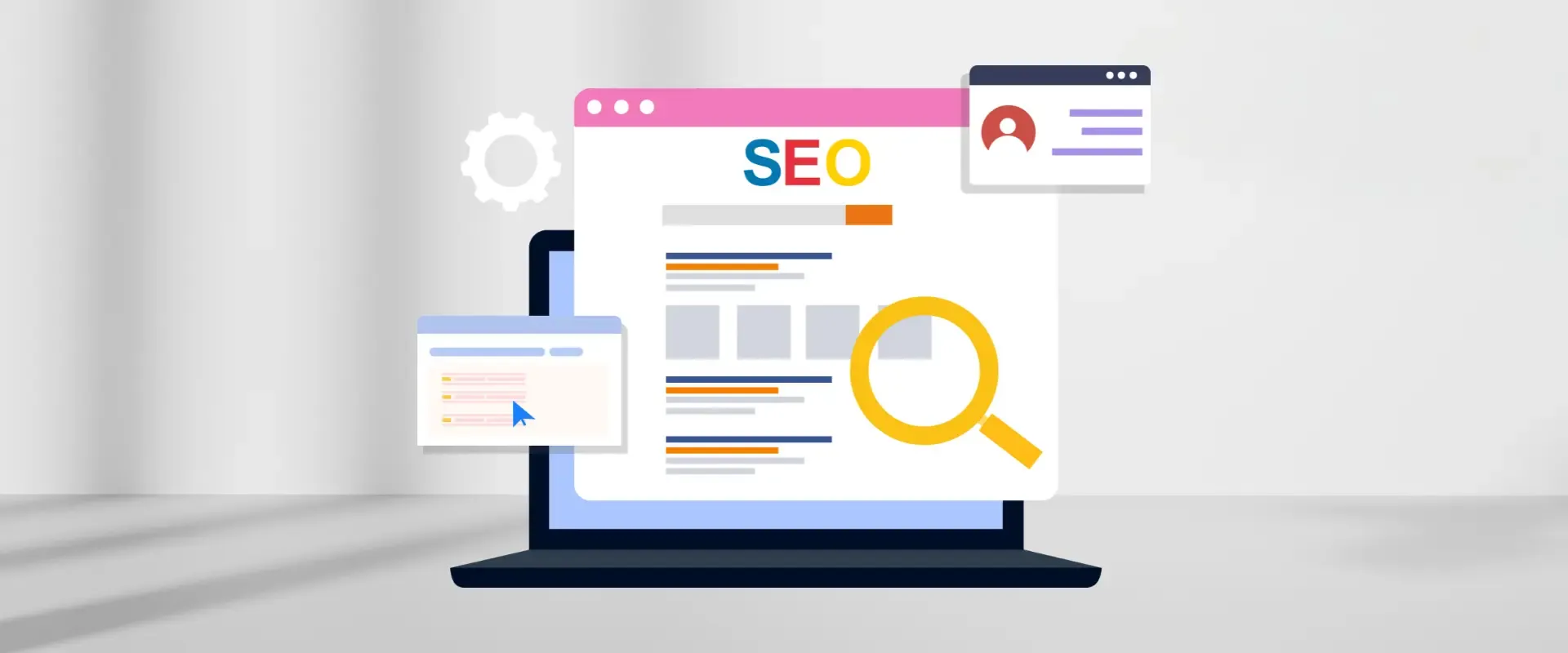 Abbildung eines Laptops, auf dem eine Webseite zum Thema SEO mit den Symbolen einer Lupe, eines Profils und eines Einstellungsrads angezeigt wird, die von SEO-Experten behandelte Konzepte zur Suchmaschinenoptimierung darstellen.