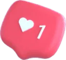 Ein rosa Benachrichtigungssymbol mit einem weißen Herzsymbol und der Zahl 1, das auf ein einzelnes „Like“ oder Engagement in den sozialen Medien hinweist.