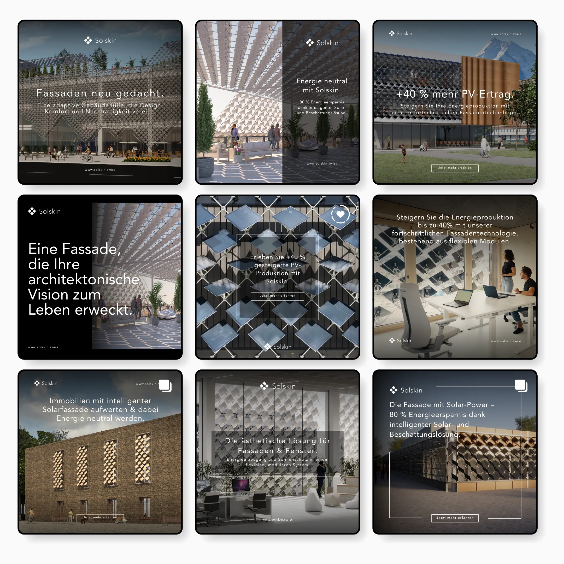 Ein Raster aus neun Bildern zeigt architektonische Entwürfe, die Solartechnologie integrieren. Der Text in Deutsch betont Energieeffizienz, Fassadeninnovation und eine um 40 % erhöhte Energieausbeute mit PV-Modulen. Jeder Entwurf zeigt, wie gespeicherte Solarenergie automatisch für maximale Leistung optimiert werden kann.
