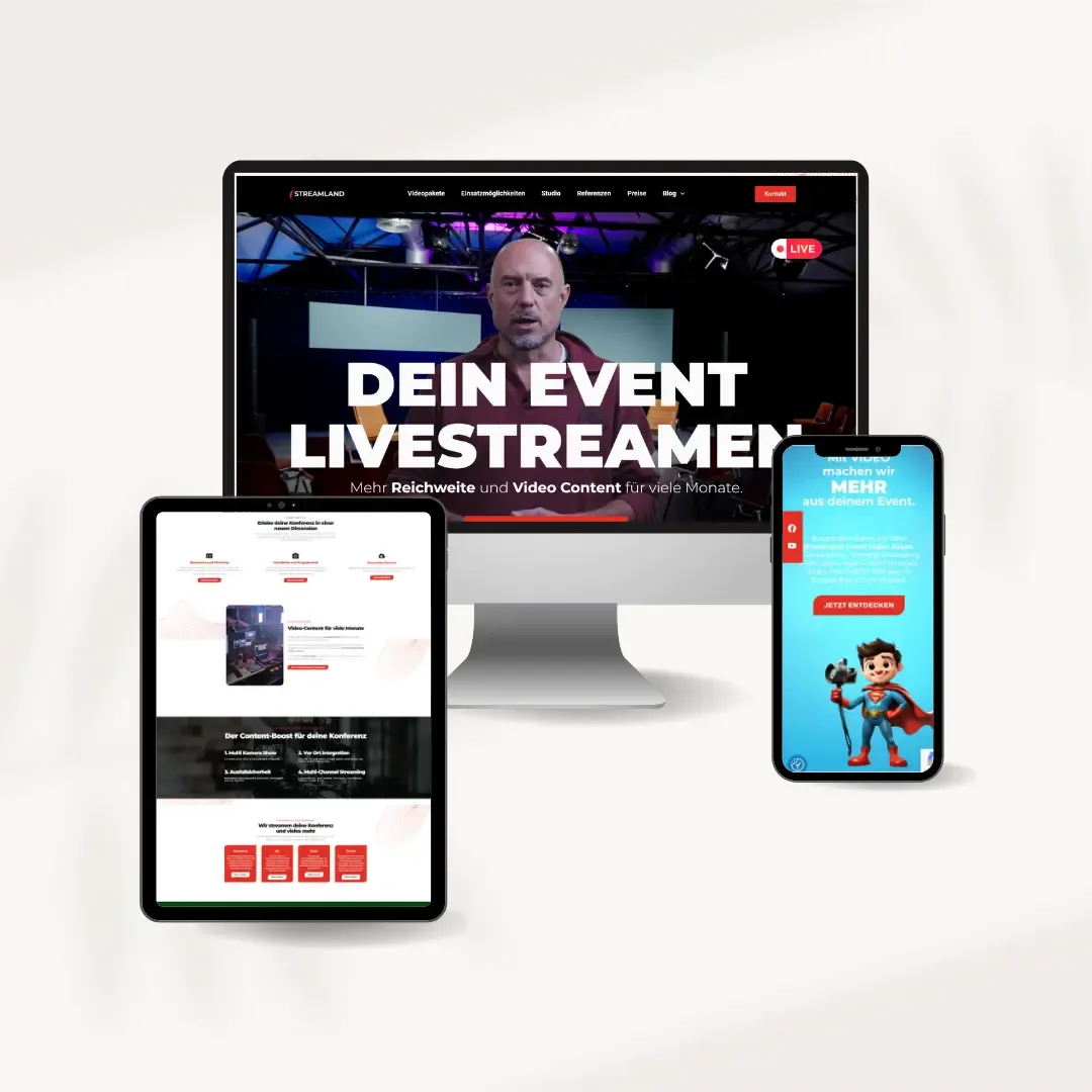 Auf einem Desktop-Monitor, einem Tablet und einem Smartphone werden verschiedene Seiten der Streamland-Website angezeigt, auf denen ein nahtloser Livestreaming-Event-Dienst präsentiert wird. Der Text auf dem Desktop-Bildschirm lautet „Dein Event Livestreamen.