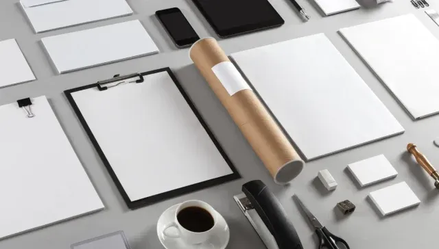 Eine ordentlich angeordnete Sammlung von Büromaterialien, darunter Papiere, Klemmbrett, Bleistifte, Scheren, Radiergummis, Klebeband, Briefmarken, ein Telefon, ein Tablet, eine CD und eine Tasse Kaffee auf grauem Hintergrund verkörpert die Essenz der eleganten Ästhetik von Design Flatrate.