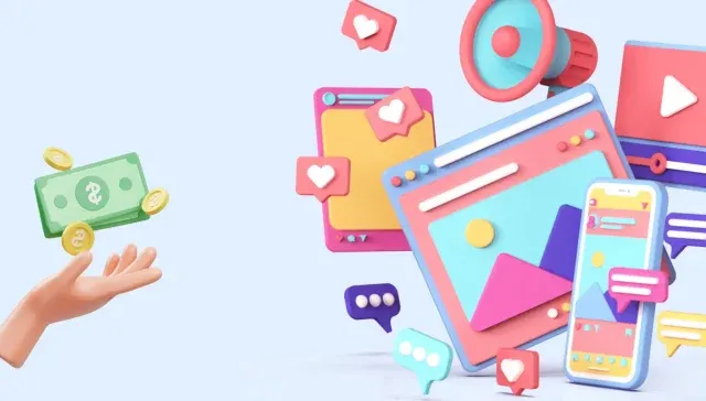 Eine Hand wirft Geld und verschiedene digitale Mediensymbole wie „Gefällt mir“-Angaben, Kommentare und Video-Wiedergabeschaltflächen schweben auf mobilen und Desktop-Benutzeroberflächen herum und veranschaulichen die Wirkung effektiven Social Media Marketings auf die Förderung des Engagements, das von einer erfahrenen Social Media Agentur verwaltet wird.