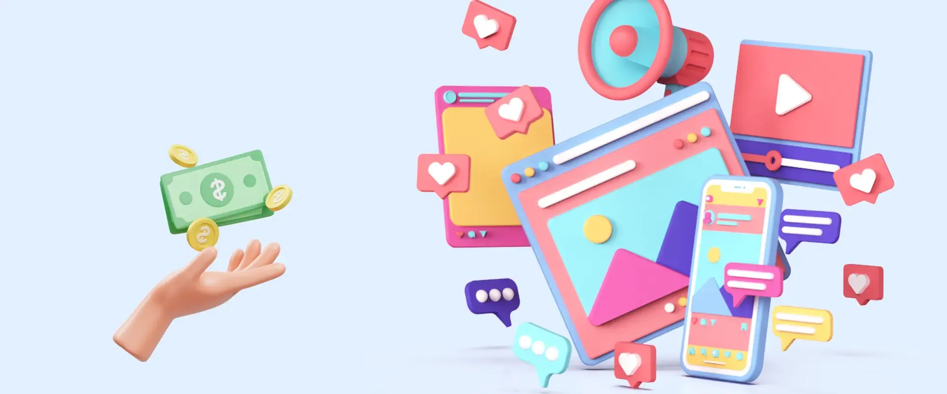 Eine Hand wirft Geld und verschiedene digitale Mediensymbole wie „Gefällt mir“-Angaben, Kommentare und Video-Wiedergabeschaltflächen schweben auf mobilen und Desktop-Benutzeroberflächen herum und veranschaulichen die Wirkung effektiven Social Media Marketings auf die Förderung des Engagements, das von einer erfahrenen Social Media Agentur verwaltet wird.