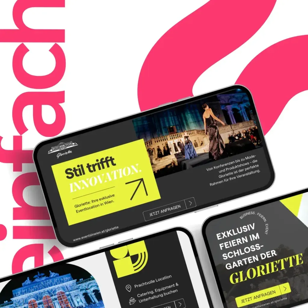 Ein modernes, dynamisches Design, das eine mobile Ansicht eines automatisch gespeicherten Entwurfs von Schloss Garten Gloriette zeigt, mit kräftigen Farben und Text, der für Innovation wirbt, neben eleganten Bildern einer Konferenzumgebung.