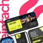 Ein modernes, dynamisches Design, das eine mobile Ansicht eines automatisch gespeicherten Entwurfs von Schloss Garten Gloriette zeigt, mit kräftigen Farben und Text, der für Innovation wirbt, neben eleganten Bildern einer Konferenzumgebung.