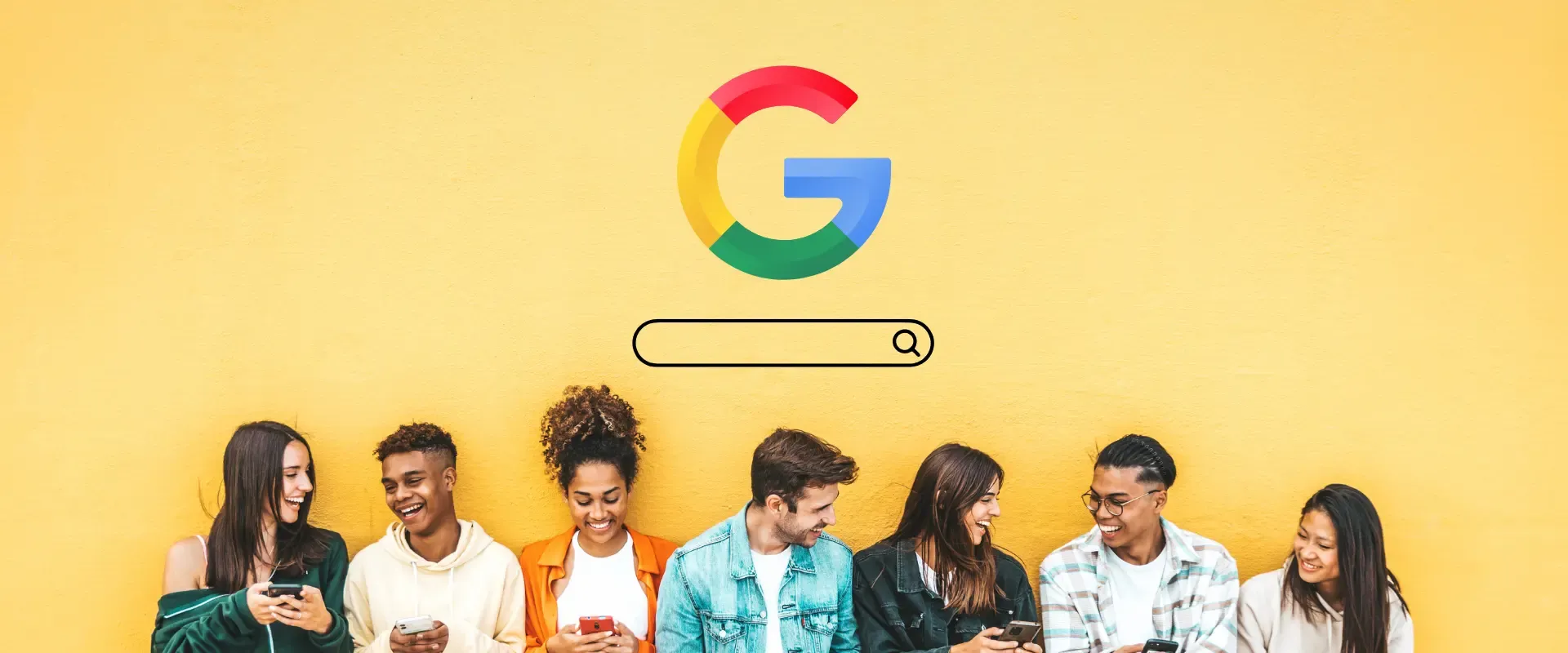 Sieben Personen stehen mit ihren Telefonen vor einer gelben Wand mit einem großen Google-Logo und einer Suchleiste und überlegen, wie sie ihre nächste Google Ads-Kampagne an die perfekte Zielgruppe anpassen können.