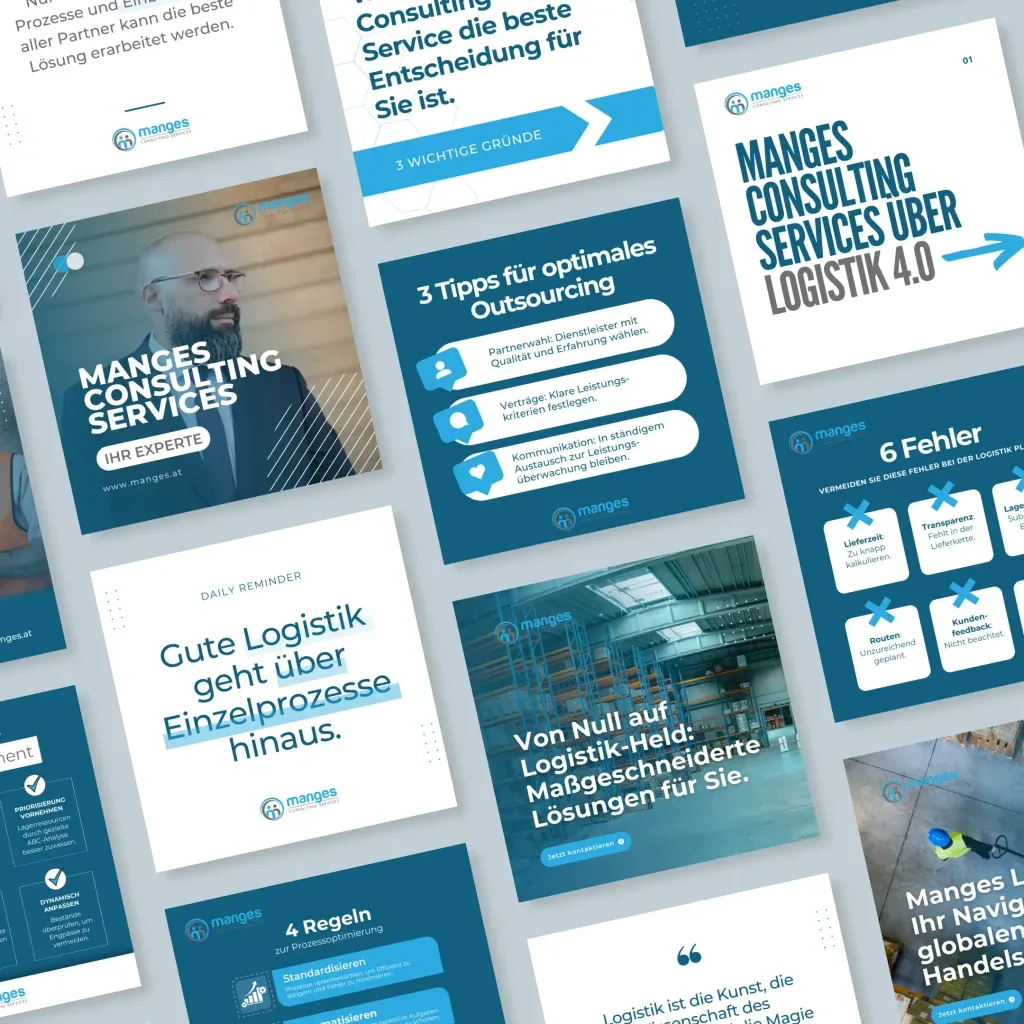 Eine Collage aus wirtschaftsbezogenen Grafiken und Texten in deutscher Sprache hebt Beratungsdienste und Logistik hervor und integriert Tipps und Erinnerungen für soziale Medien. Sie enthält Werbeinhalte in einem blau-weißen Farbschema und ist perfekt für alle, die sich für Einblicke in das Social-Media-Management interessieren.