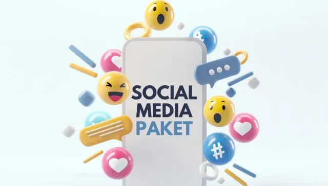 Auf einem Smartphone wird der Text „Social Media Paket“ angezeigt, umgeben von dynamischen 3D-Symbolen wie Emojis, Chat-Blasen und Hashtags, alles vor einem hellen Hintergrund. Dieses lebendige Bild eignet sich perfekt für Marketingstrategien, die interaktive Kommunikation und digitales Engagement betonen.