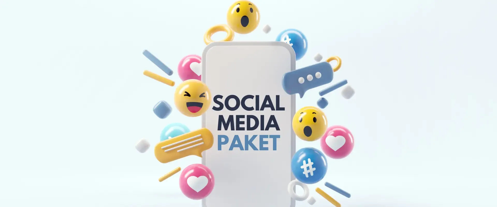 Auf einem Smartphone wird der Text „Social Media Paket“ angezeigt, umgeben von dynamischen 3D-Symbolen wie Emojis, Chat-Blasen und Hashtags, alles vor einem hellen Hintergrund. Dieses lebendige Bild eignet sich perfekt für Marketingstrategien, die interaktive Kommunikation und digitales Engagement betonen.
